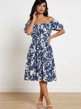 SHEIN Blue and White One-Shoulder Floral Midi Dress